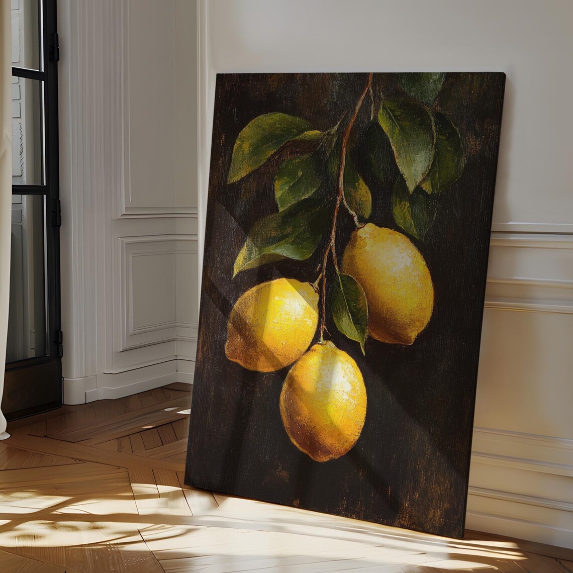 Three Bright Lemons Branch Dark Moody Still Life Oil Painting Poster