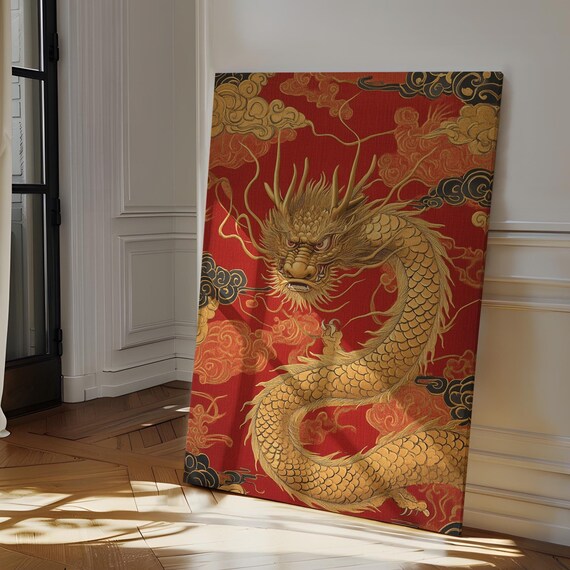 Golden Dragon On Red Oriental Wall Art With Traditional Chinese Clouds For Cultural Elegance And Bold Decor