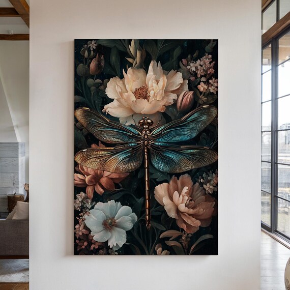 Elegant Dragonfly Floral Art Stunning Metallic Dragonfly With Peonies Nature Inspired Botanical Wall Decor