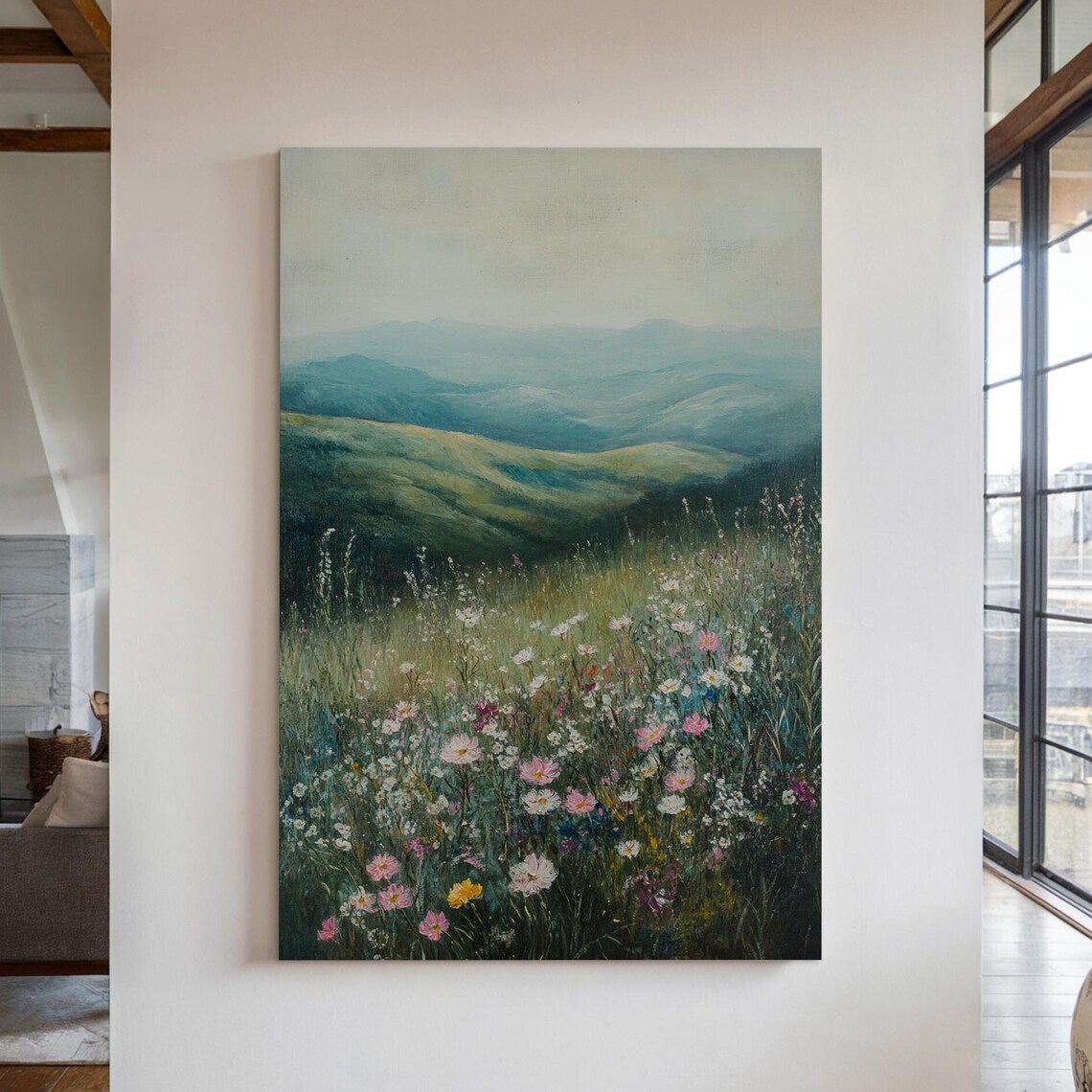 Wildflower Meadow Rolling Green Hills Misty Mountain Landscape Poster