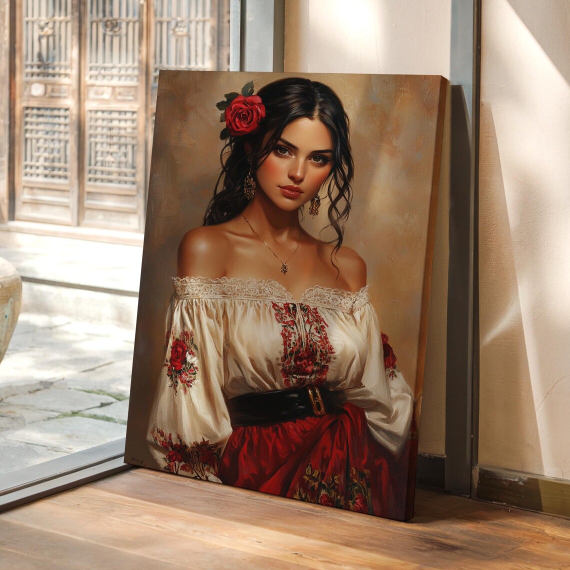 Captivating Spanish Beauty Portrait With Red Rose In Hair Poster