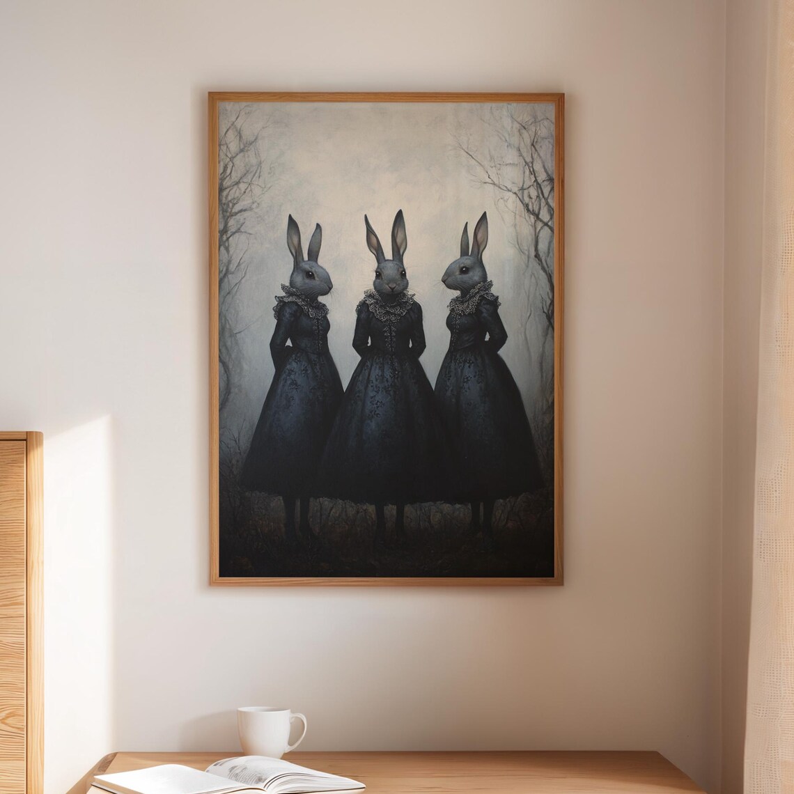 Three Gothic Rabbits In Black Dresses Misty Dark Fairytale Poster
