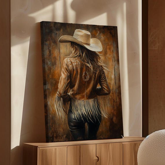 Cowgirl Back View Art Western Leather Fringe Jacket Print Rustic Country Girl Decor Vintage Cowgirl Wall Art