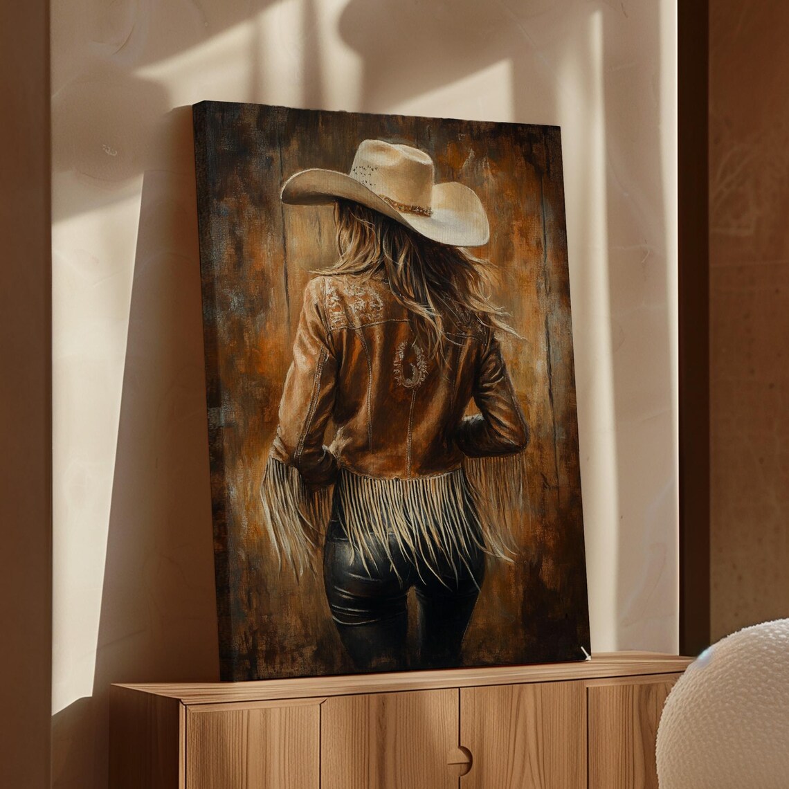 Cowgirl Back View in Brown Leather Fringe Jacket Western Poster