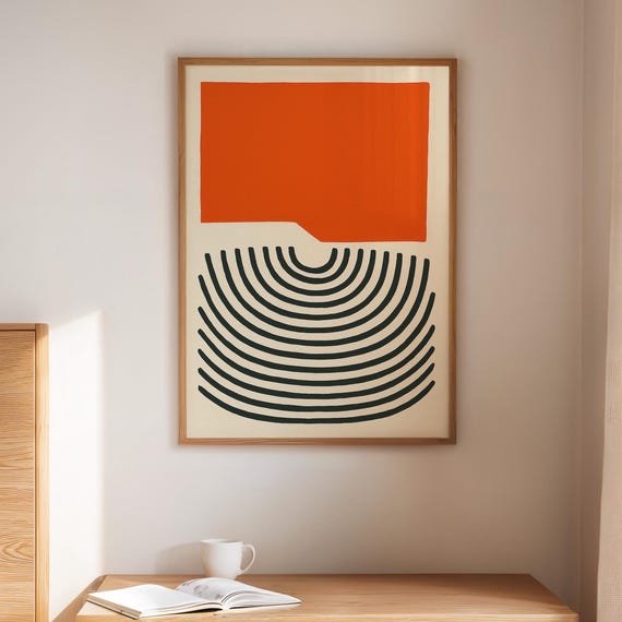 Mid Century Modern Abstract Canvas Wall Art With Bold Orange Block And Curved Retro Black Line Pattern Minimalist Geometric Print