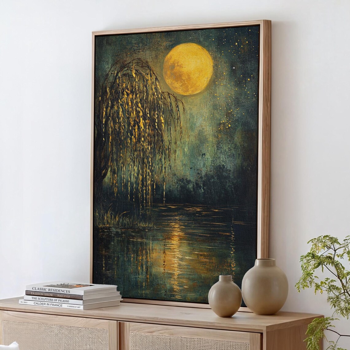 Moonlit Willow Reflection, Mystical Night Scene Art