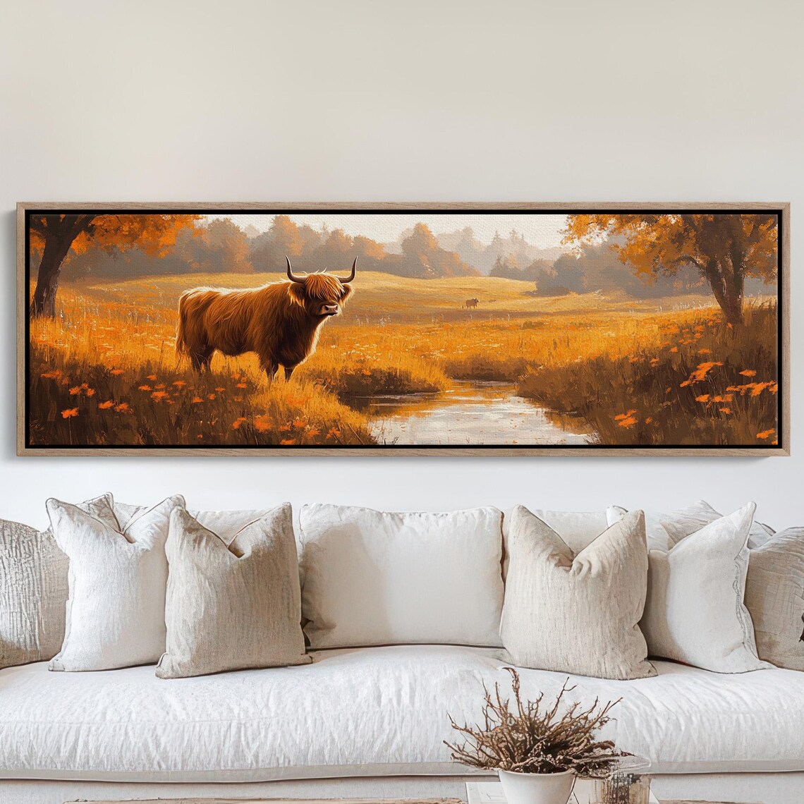 Highland Cow Autumn Meadow River Rustic Farmhouse Landscape Poster