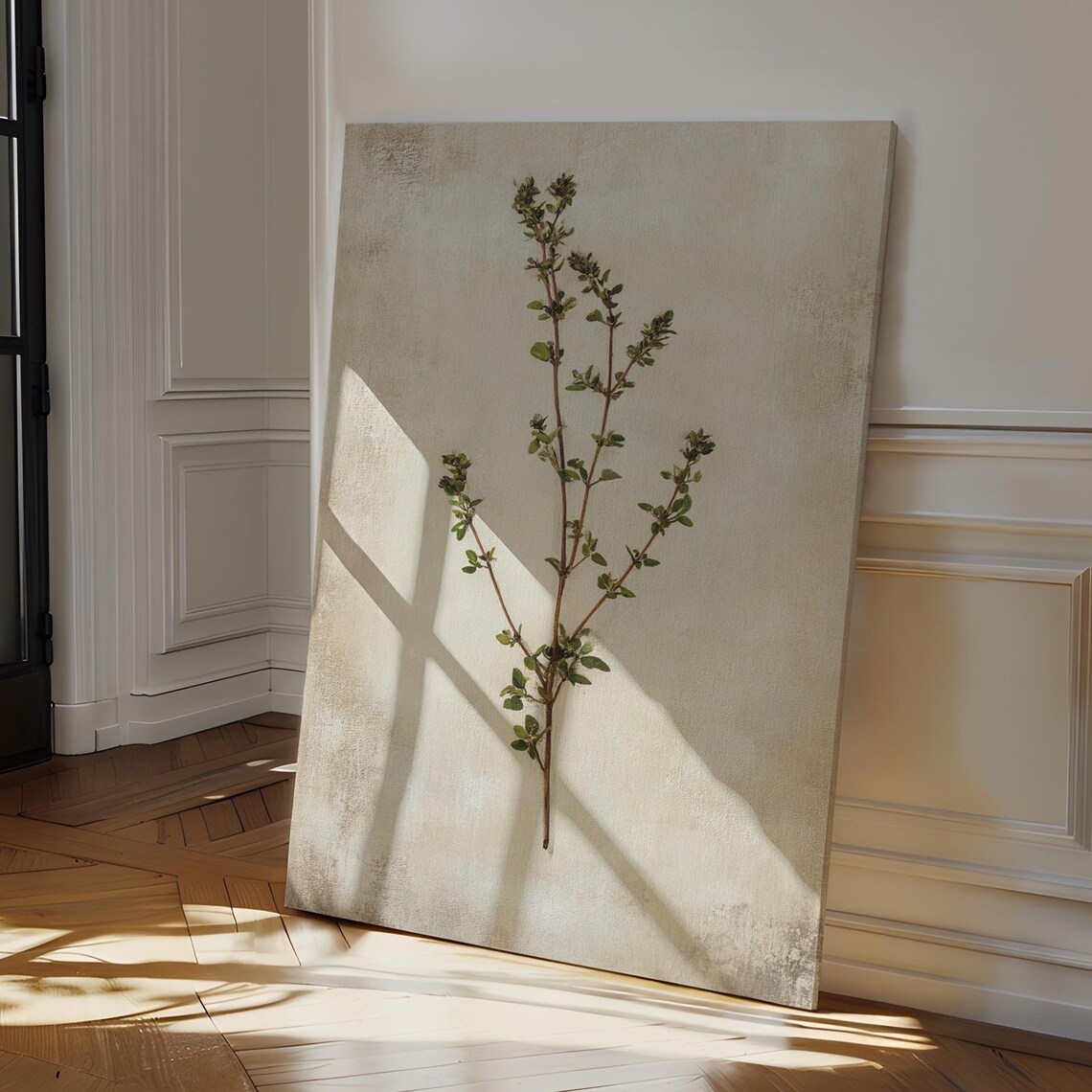 Single Wild Herb Sprig on Aged Linen Vintage Botanical Poster