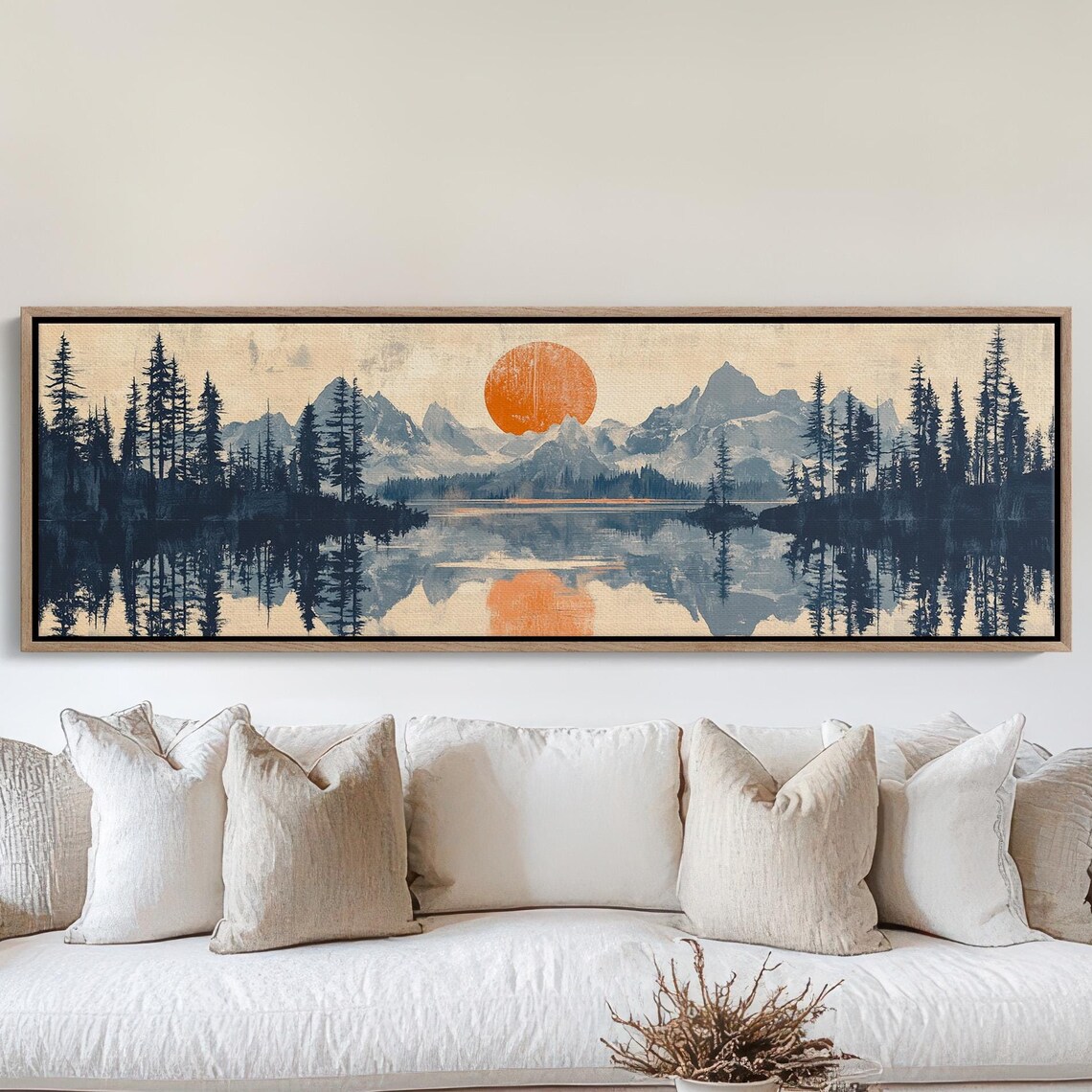 Blue Monochrome Mountain Lake Single Orange Sun Reflection Art Poster