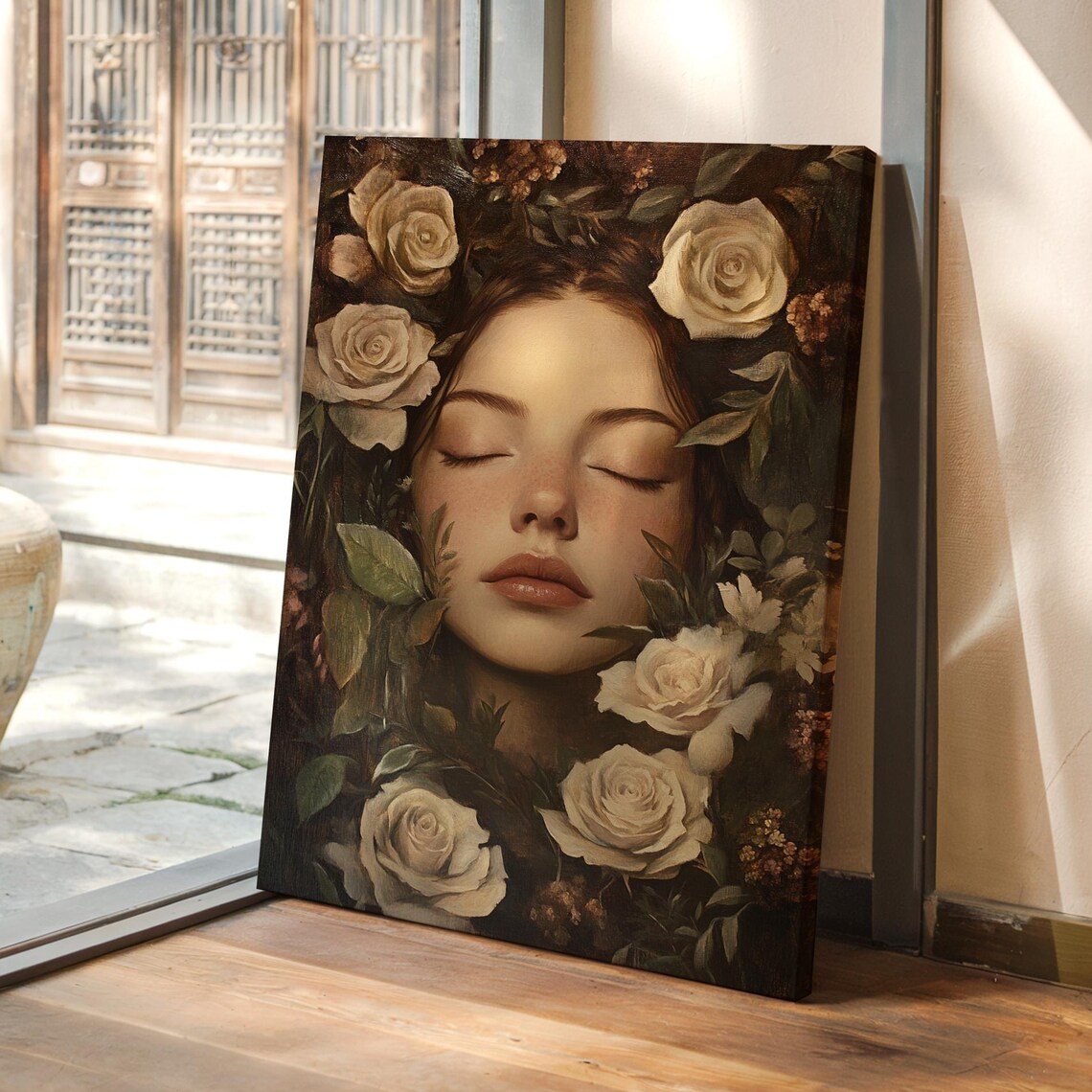 Vintage Woman Portrait With Closed Eyes And White Roses Wall Art