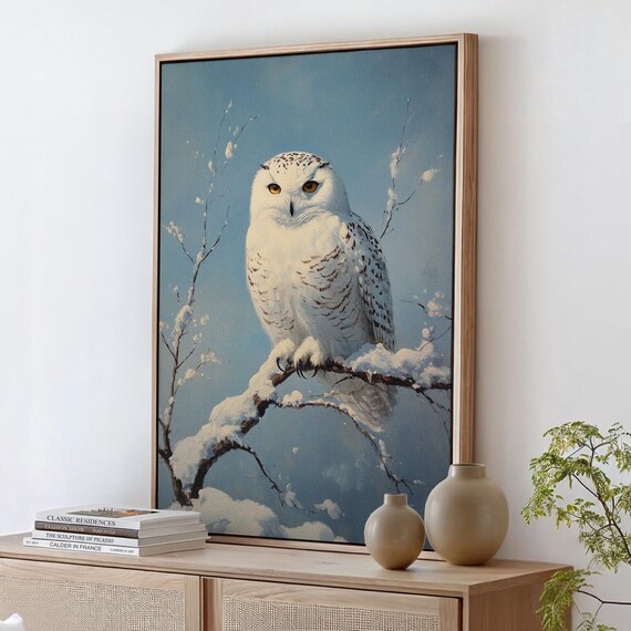 Majestic Snowy Owl Perched on Snowy Branch Winter Wildlife Art Print