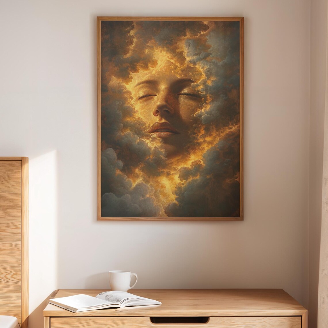 Dreaming Woman Face Emerging From Golden Sunset Clouds Wall Art