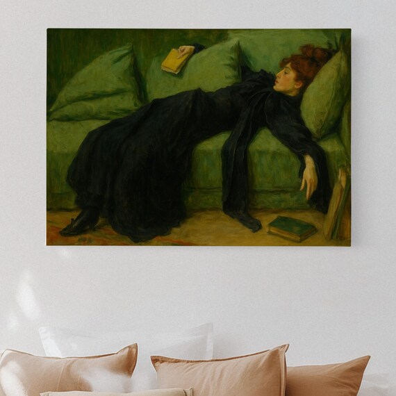 Victorian Woman On Green Sofa Poster Vintage Oil Painting Book Moody Elegant Decor