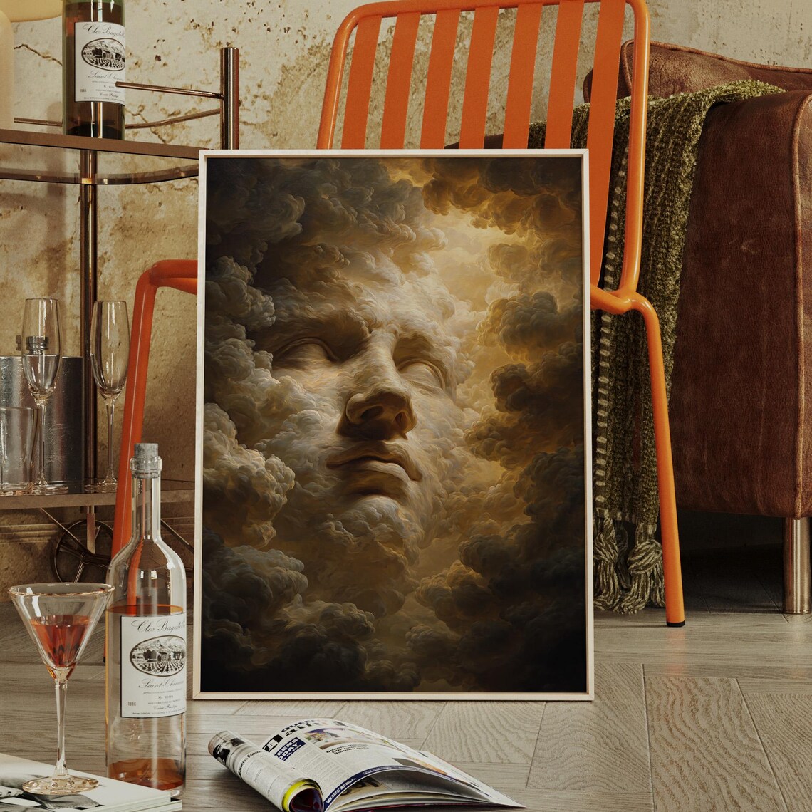 Serene Face In Golden Clouds Heavenly Dreamy Oil Painting Poster