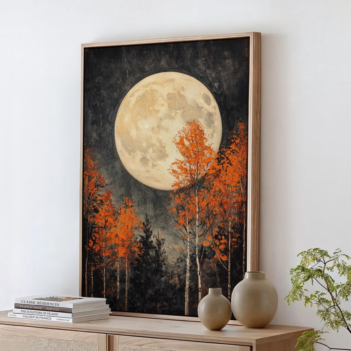 Full Moon With Autumn Birch Trees, Rustic Wall Art Print