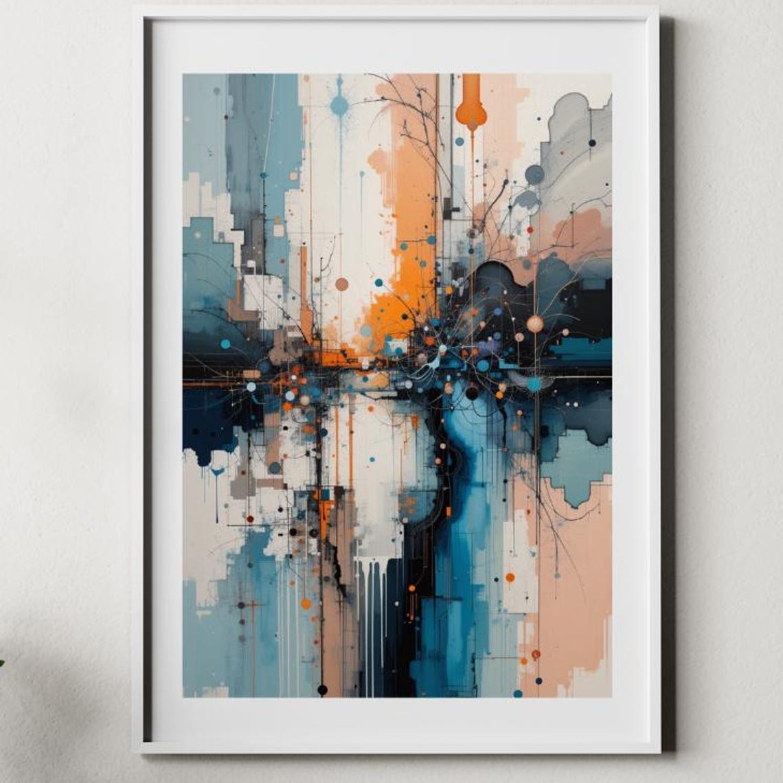 Teal Orange Blue Urban Network Drip Abstract Modern Art Poster