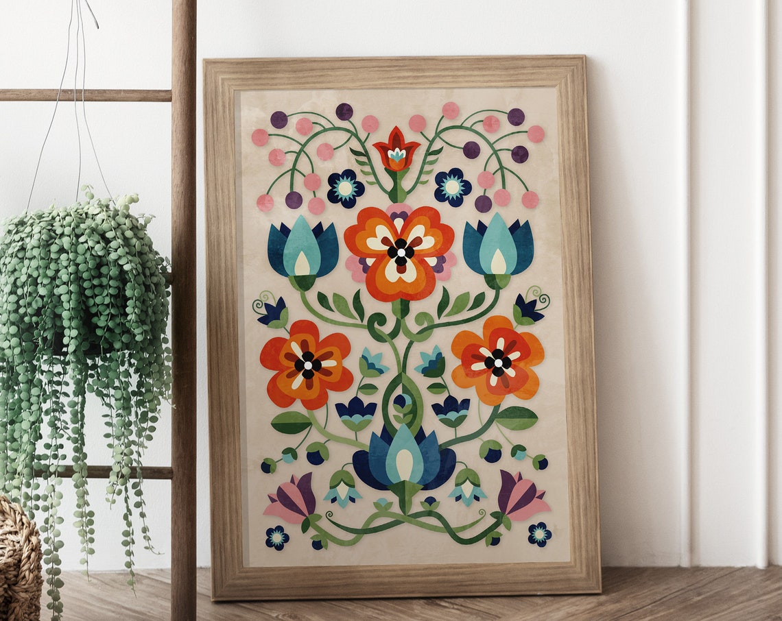 Mountain Flowers Folk Motif Art Print - Image 2