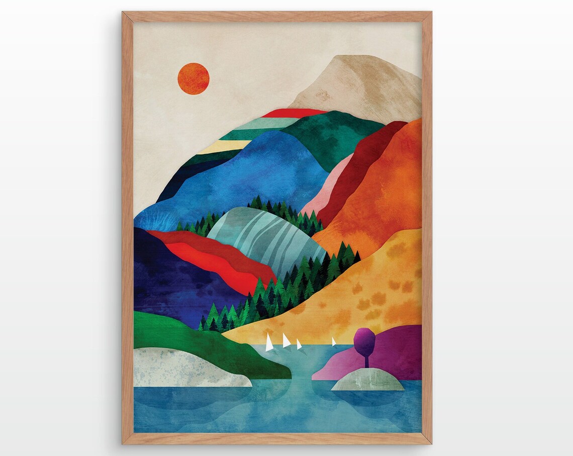Mountain Lake and Peaks Art Print, Nature Scene