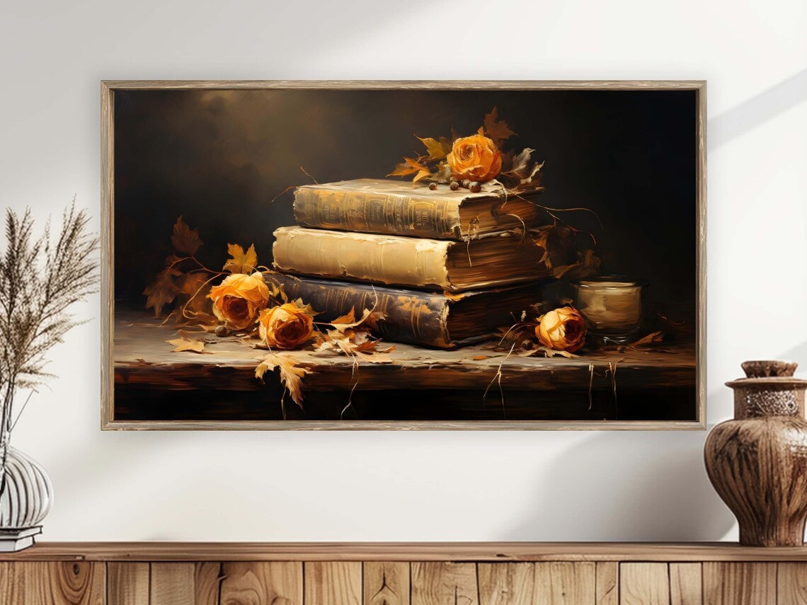 Moody Antique Book Stack Autumn Roses Still Life Vintage Oil Painting Poster - Image 4
