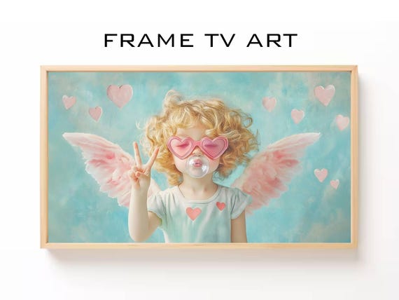 Cute Cupid With Heart Glasses And Bubblegum Tv Art Pastel Valentine Frame Tv Art Playful Angel For Home Decor