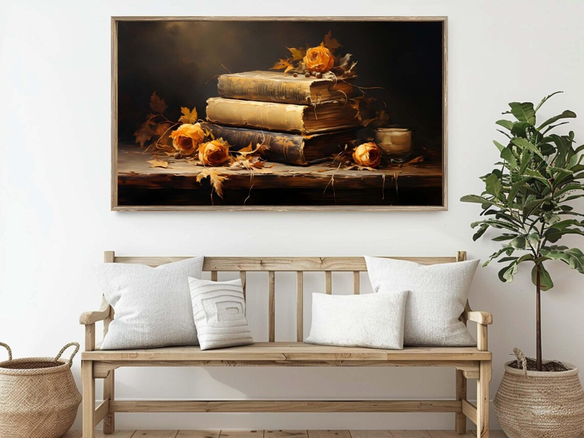 Moody Antique Book Stack Autumn Roses Still Life Vintage Oil Painting Poster - Image 2