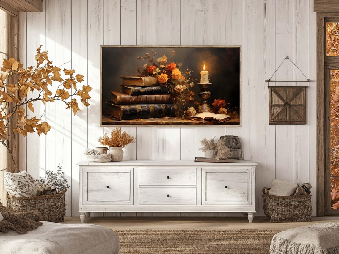 Antique Books Stack Candlelit Autumn Flowers Moody Vintage Still Life Poster - Image 4