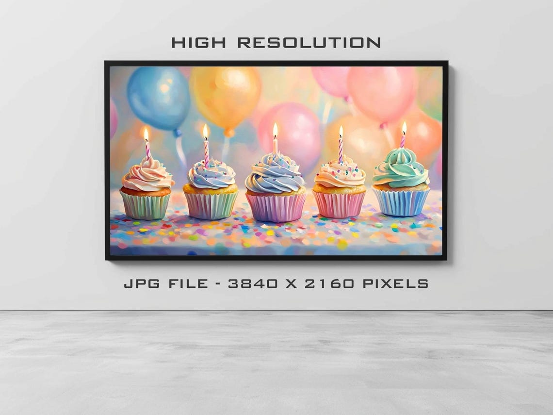 Birthday Cupcakes Frame Tv Art Cute Cupcake Party Decor For Frame Tv Kids Birthday Celebration Art - Image 2