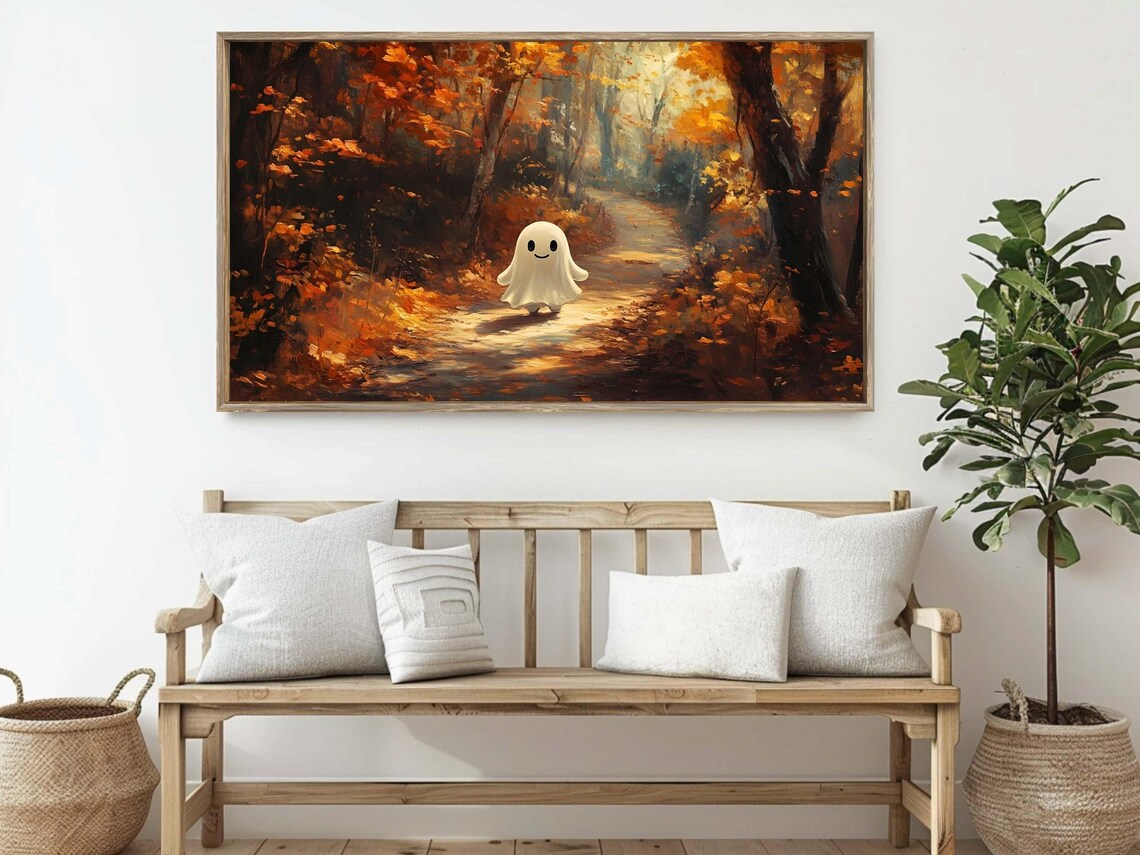 Cute Smiling Ghost Walking Autumn Forest Path Golden Leaves Halloween Poster - Image 2