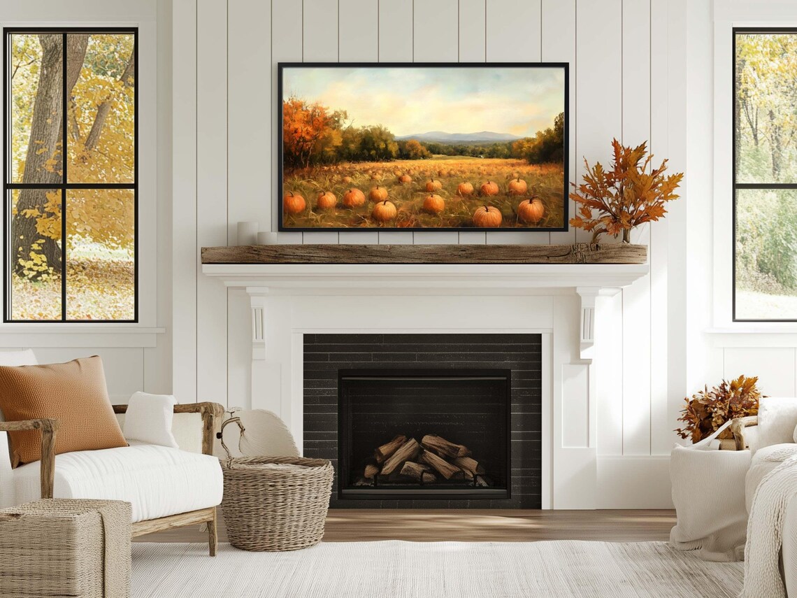 Golden Pumpkin Patch Harvest Field Autumn Trees Landscape Painting Poster - Image 3