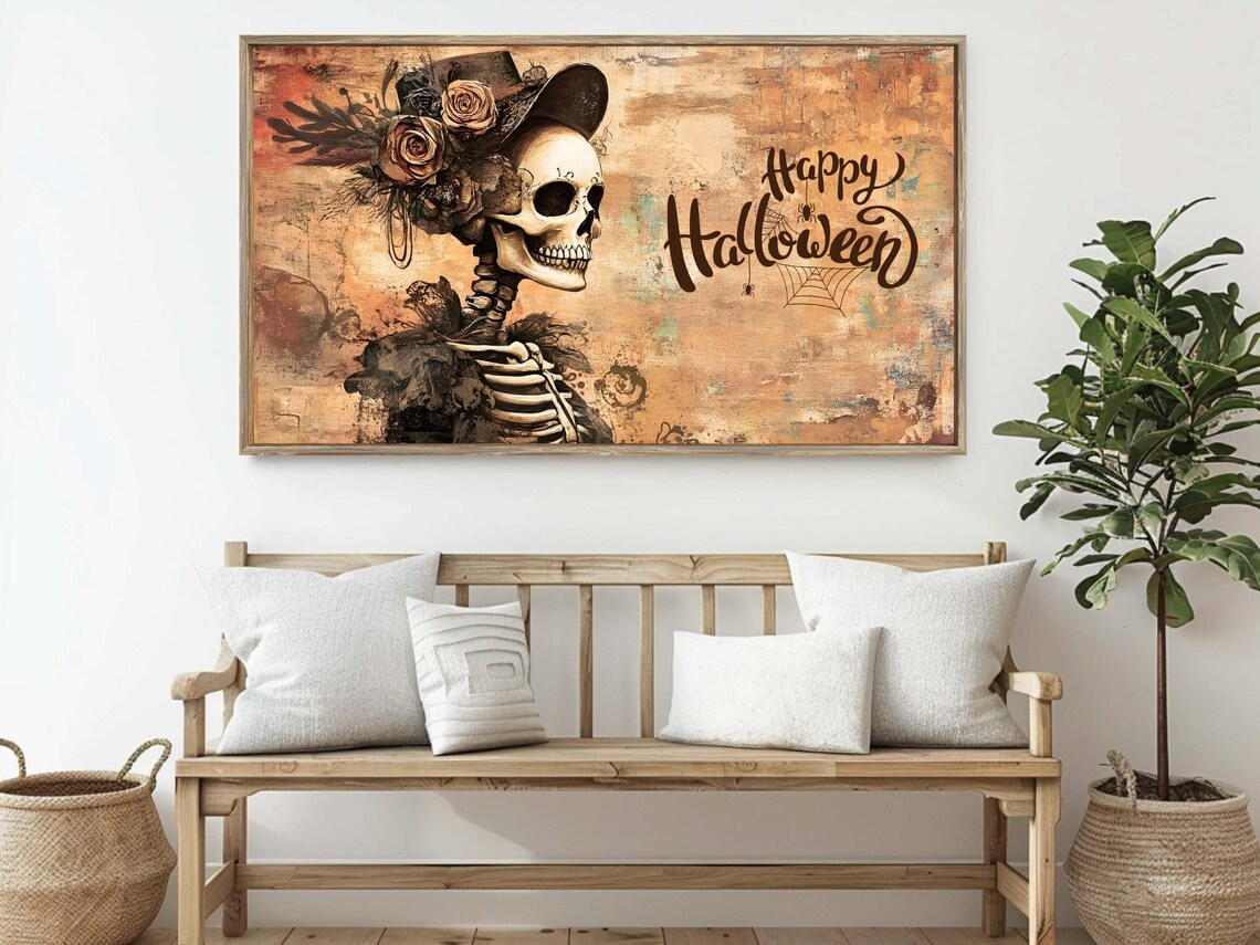 Vintage Skeleton Floral Hat Happy Halloween Script Spooky Wall Art Poster - Image 2