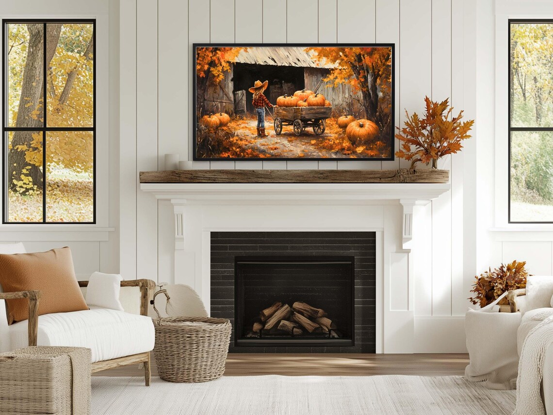 Cowgirl Pulling Pumpkin Wagon At Old Barn Autumn Harvest Scene Poster Print - Image 3