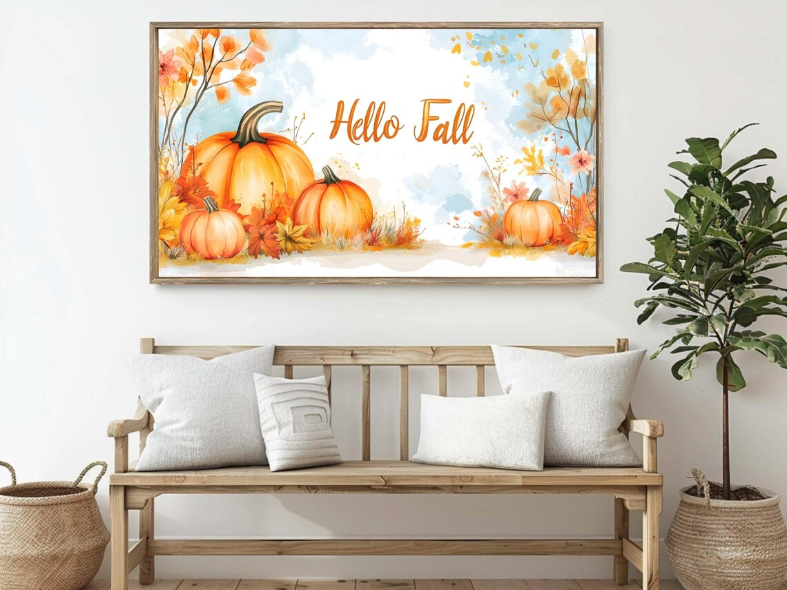 Hello Fall Watercolor Pumpkins Autumn Leaves Script Text Wall Art Poster - Image 2