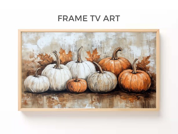 Neutral Fall Pumpkins Still Life White Orange Vintage Textured Oil Poster Art