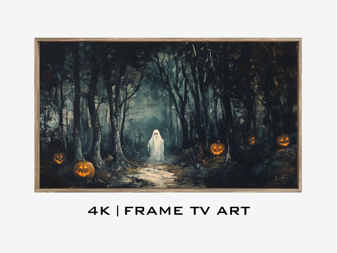 Vintage Ghost Spooky Forest Glowing Jack O Lanterns Halloween Art Poster Print - Image 4