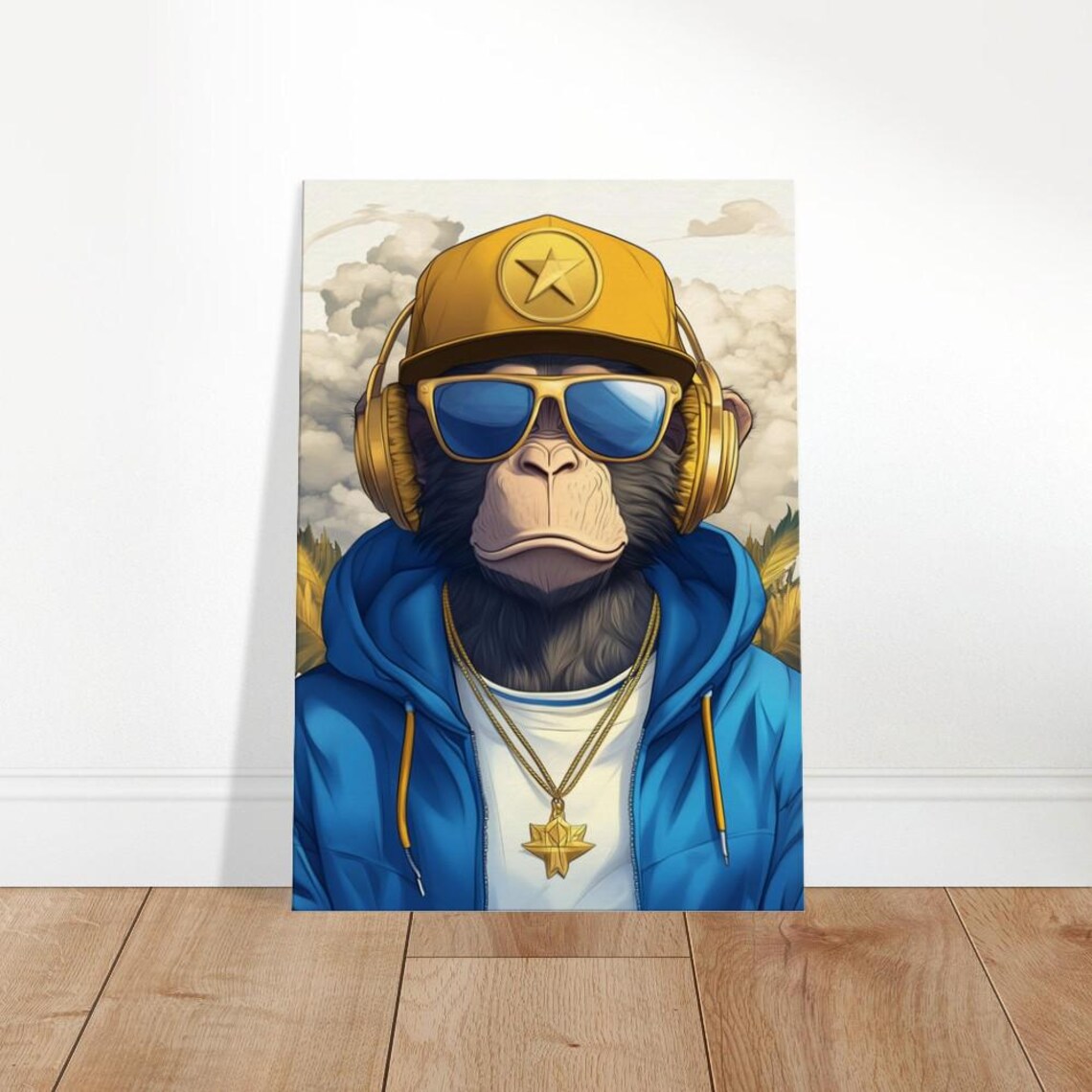 Chimp In Blue Hoodie Gold Cap Sunglasses Hip Hop Animal Wall Art