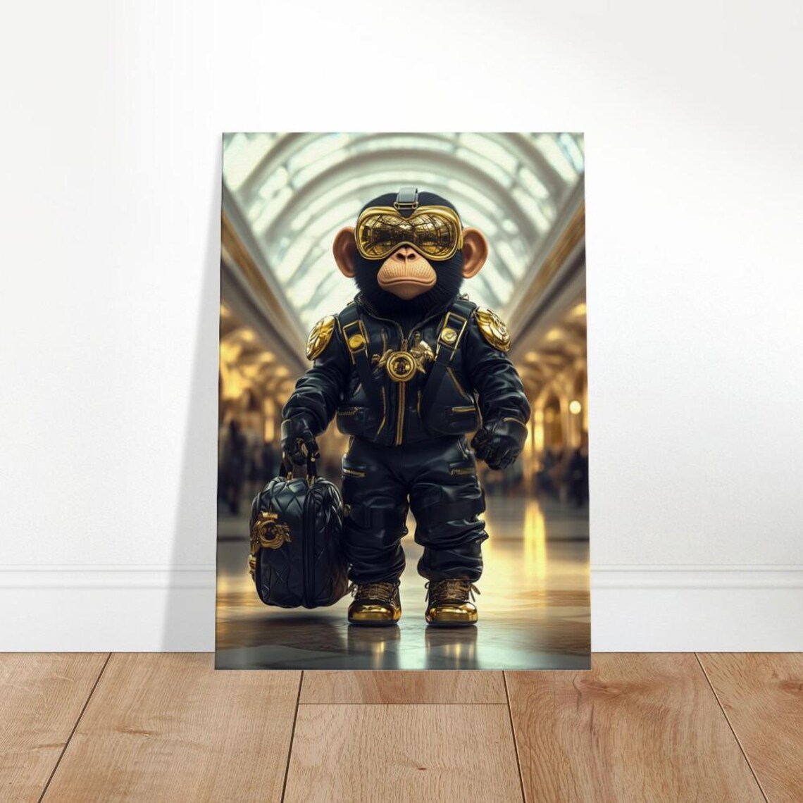 Chimp In Gold Goggles Leather Outfit Luxury Animal Fashion Wall Art