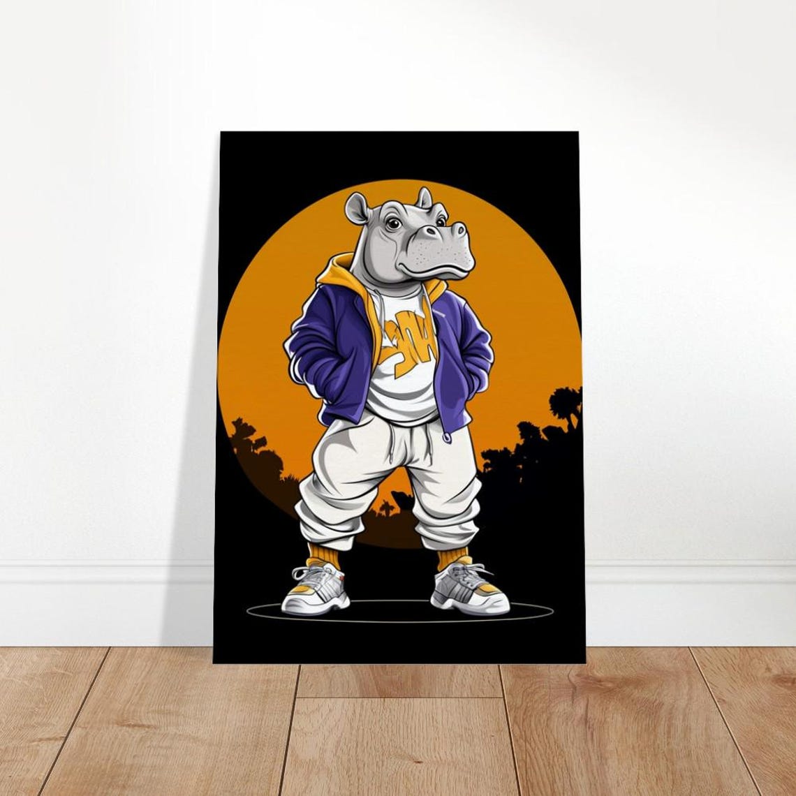 Hippo Varsity Jacket Sneakers Sunset Urban Animal Art Poster