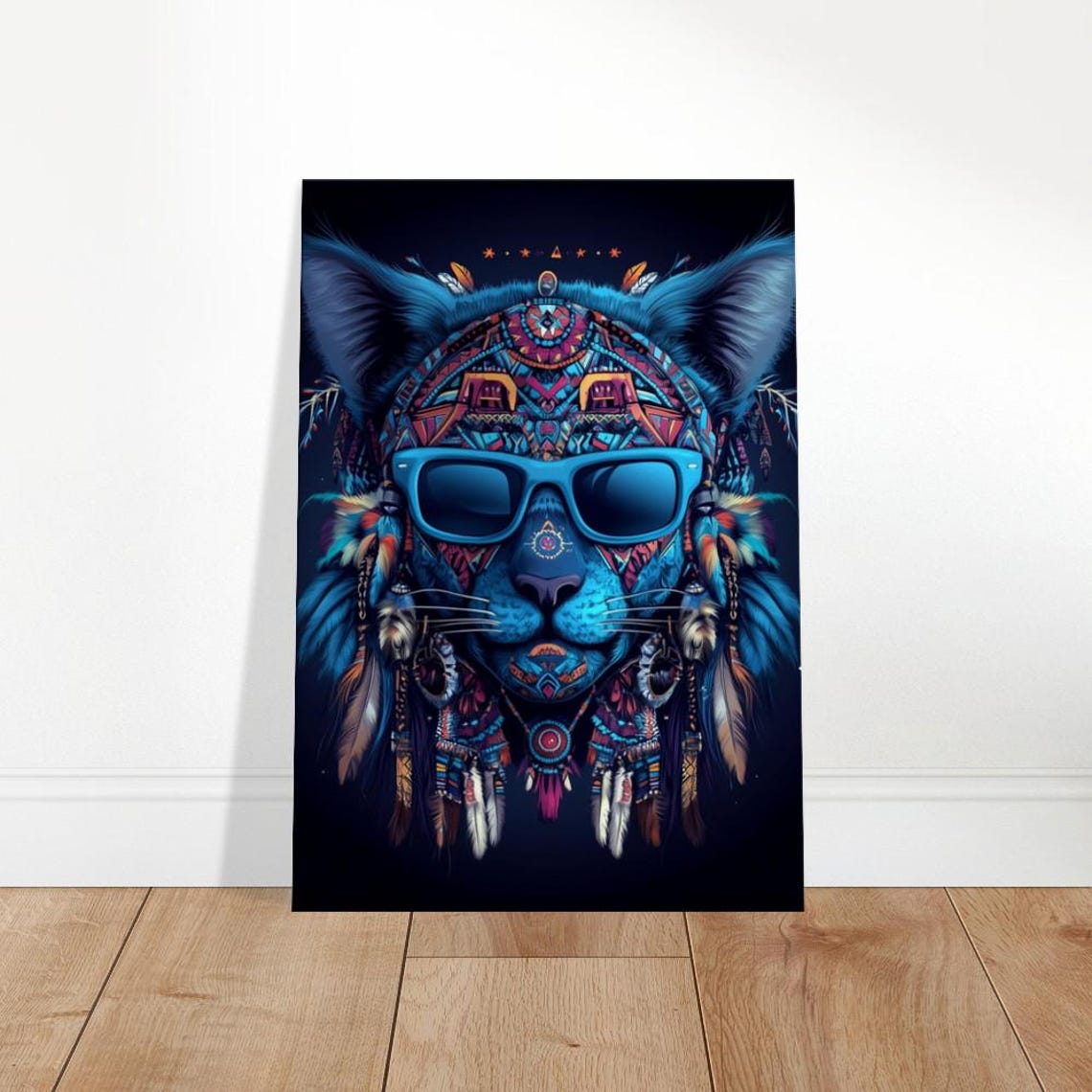 Cool Bohemian Blue Cat Sunglasses Tribal Feather Portrait Poster