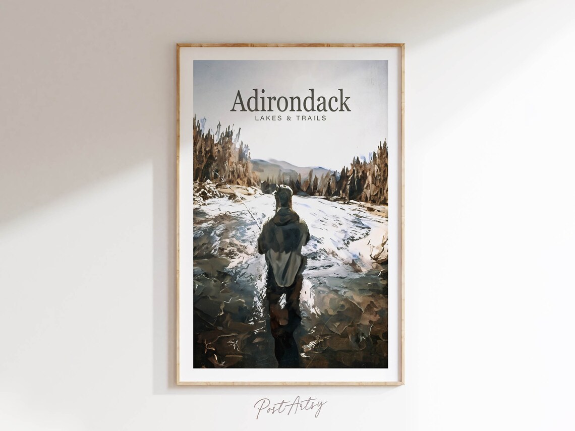 Adirondack Lakes Trails Fly Fishing Poster Watercolor River Scene