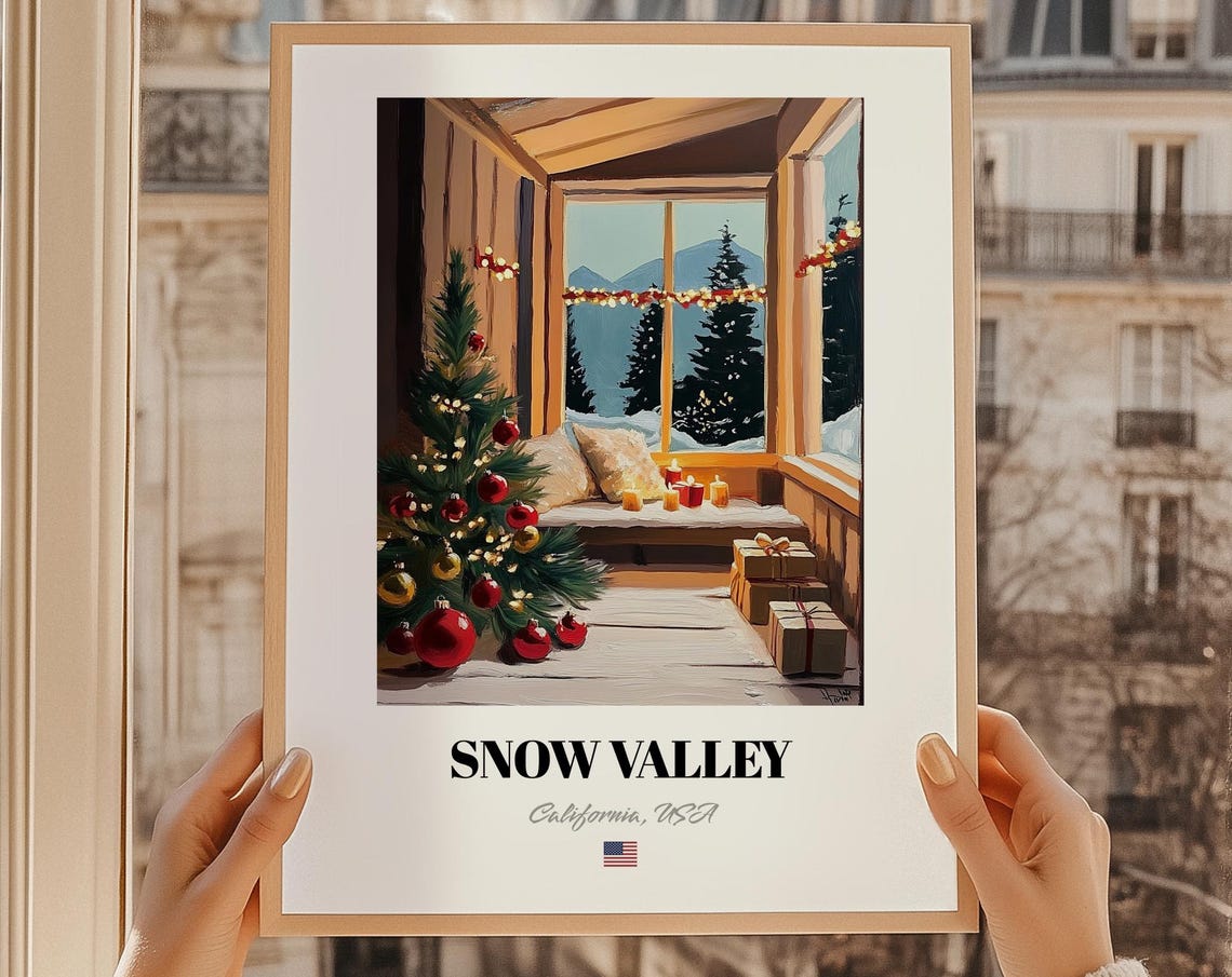 Snow Valley California USA Cozy Christmas Cabin Window Scene Poster