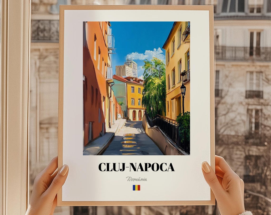 Cluj-Napoca Romania Colorful Old Town Street Oil Painting Poster