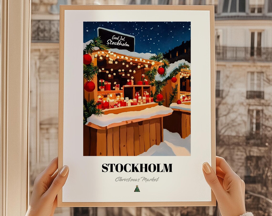 Stockholm Sweden Christmas Market Poster, Julklapp God Jul