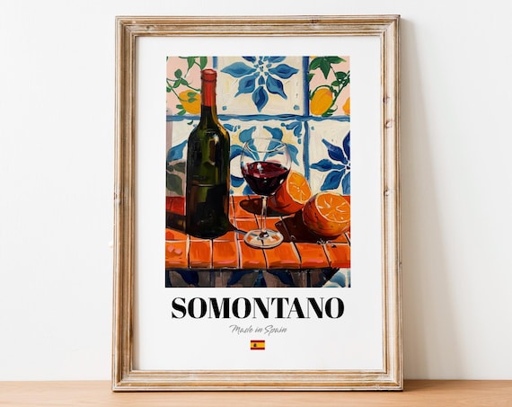 Somontano Vintage Wine Bottle with Oranges Spanish Tile Poster