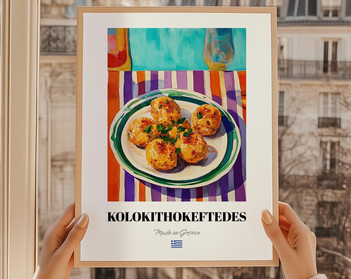 Kolokithokeftedes Greek Zucchini Fritters Colorful Food Poster