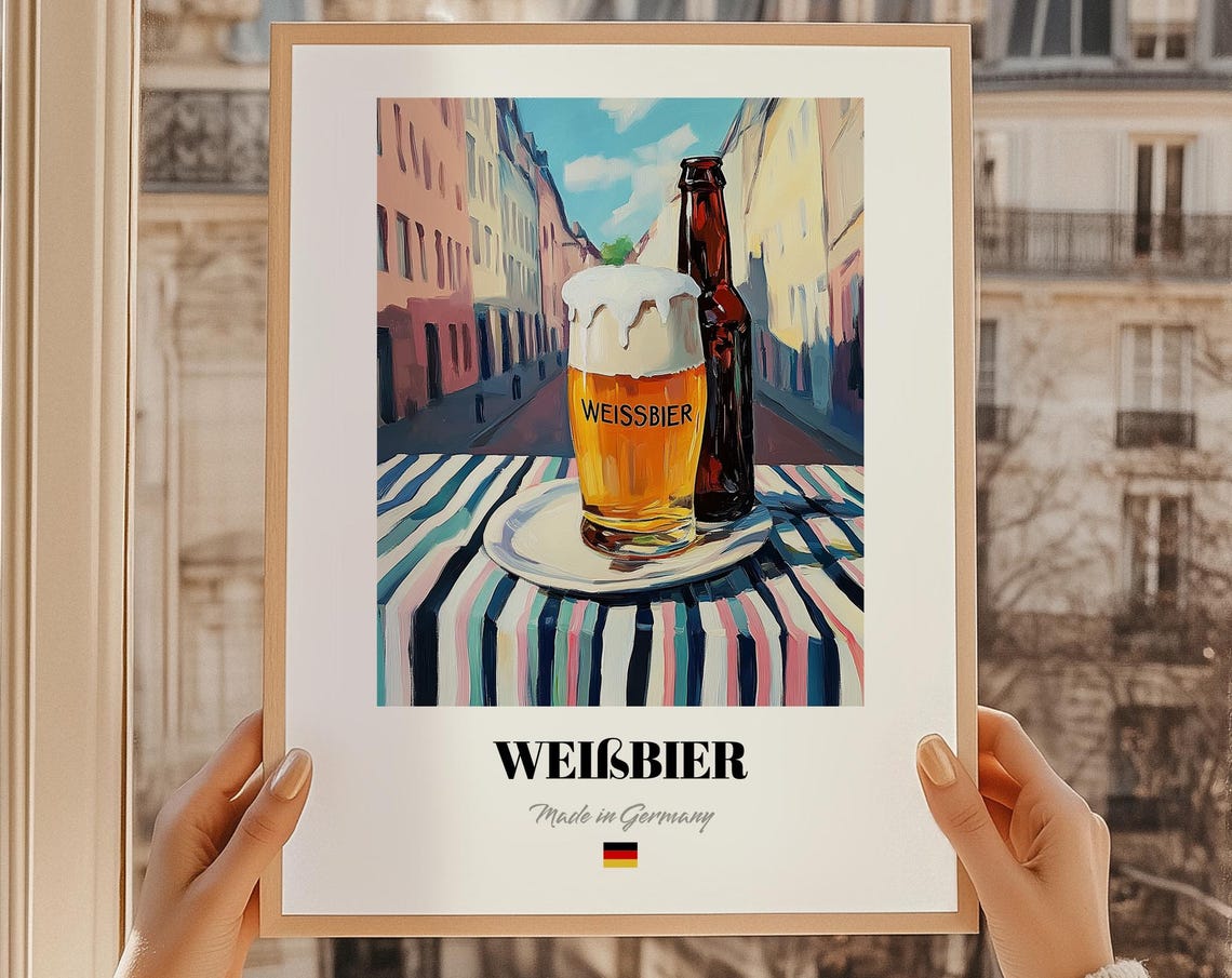 Weissbier Wheat Beer Glass and Bottle Vintage German Bar Poster