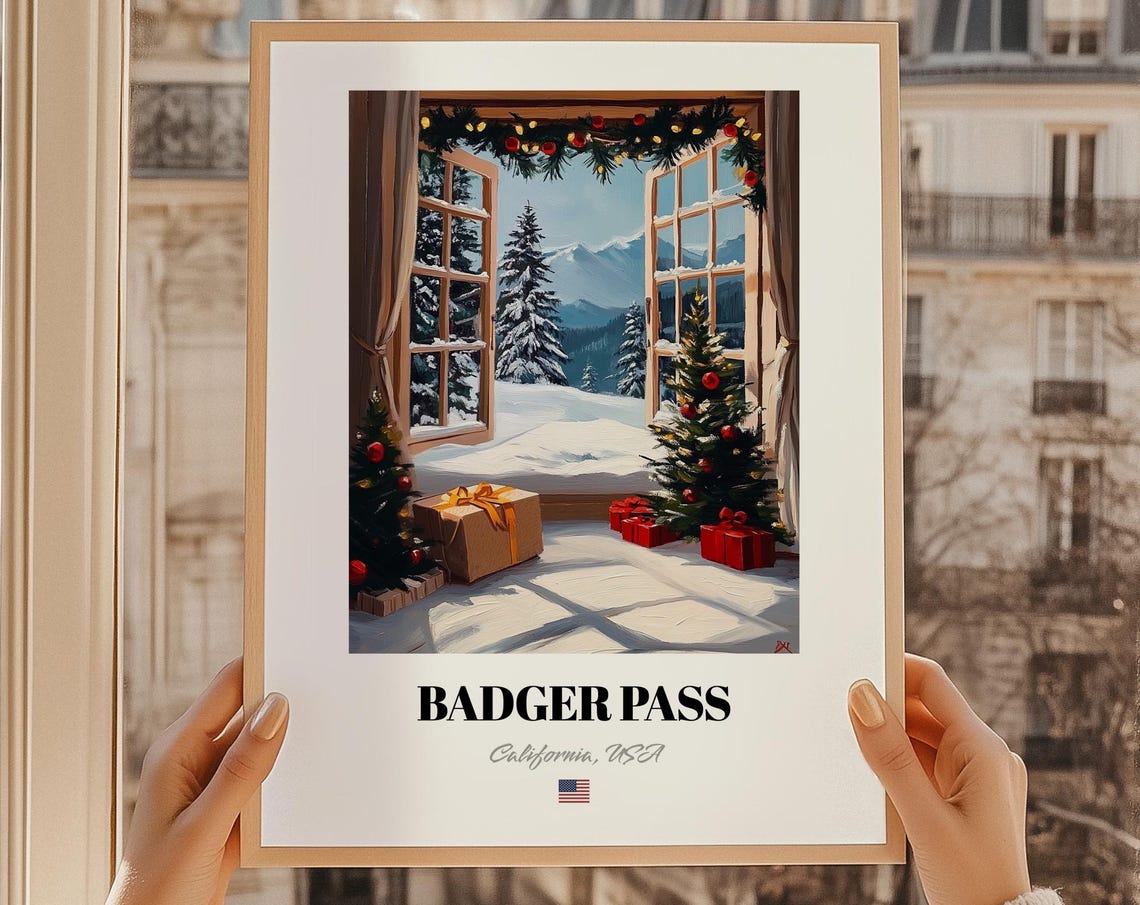 Badger Pass California USA Cozy Christmas Cabin Window Scene Poster