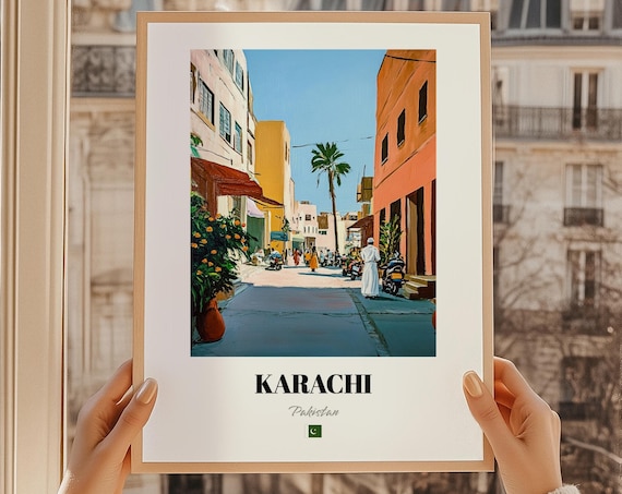 Karachi Pakistan Poster Sunlit Street Palm Painting Travel Gift