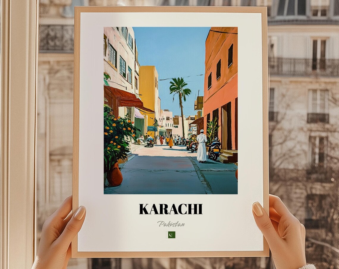 Karachi Pakistan Poster Sunlit Street Palm Painting Travel Gift