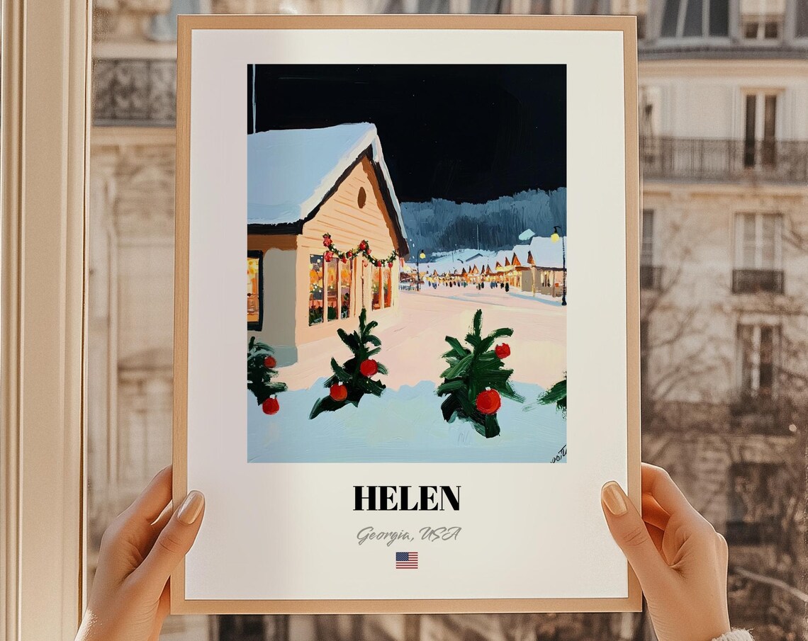 Helen Georgia Snowy Bavarian Christmas Village Night Scene Poster