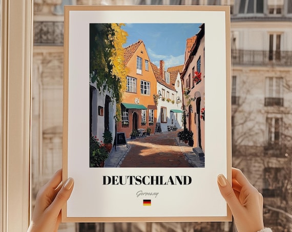 Deutschland Germany Quaint Old Town Street Oil Painting Poster